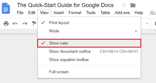 google docs show ruler menu